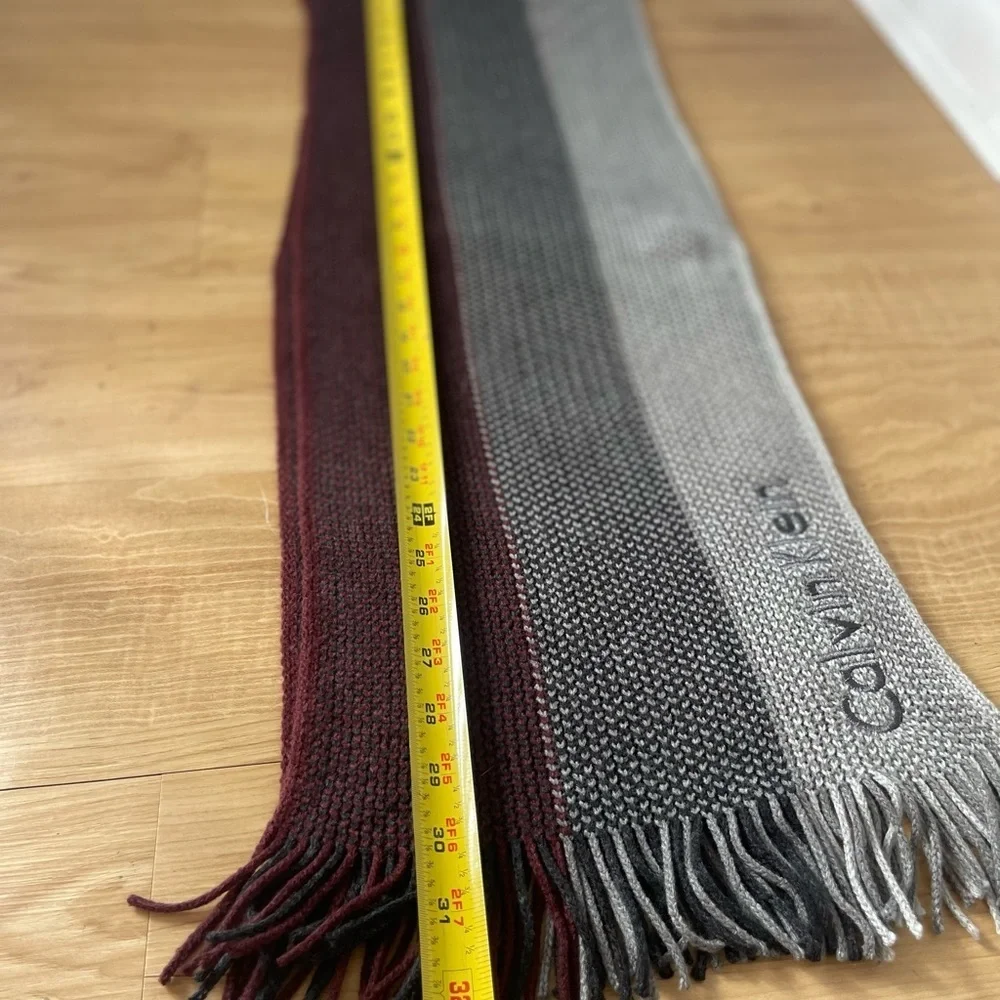 Calvin Klein Mens Knit Gray Burgundy Tonal Ombre Striped Winter Fall Scarf 60”